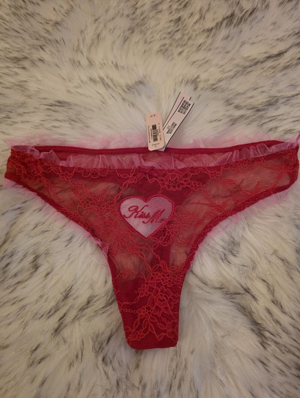 Victoria's Secret "Kiss Me" Heart Pink Ruffle Lace Thong Panty Small NWT